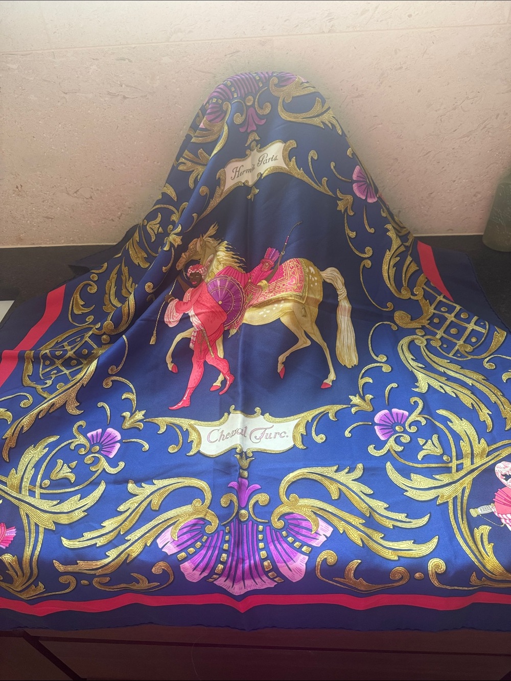 Hermes equestrian Silk Scarf with Gold Scrollwork